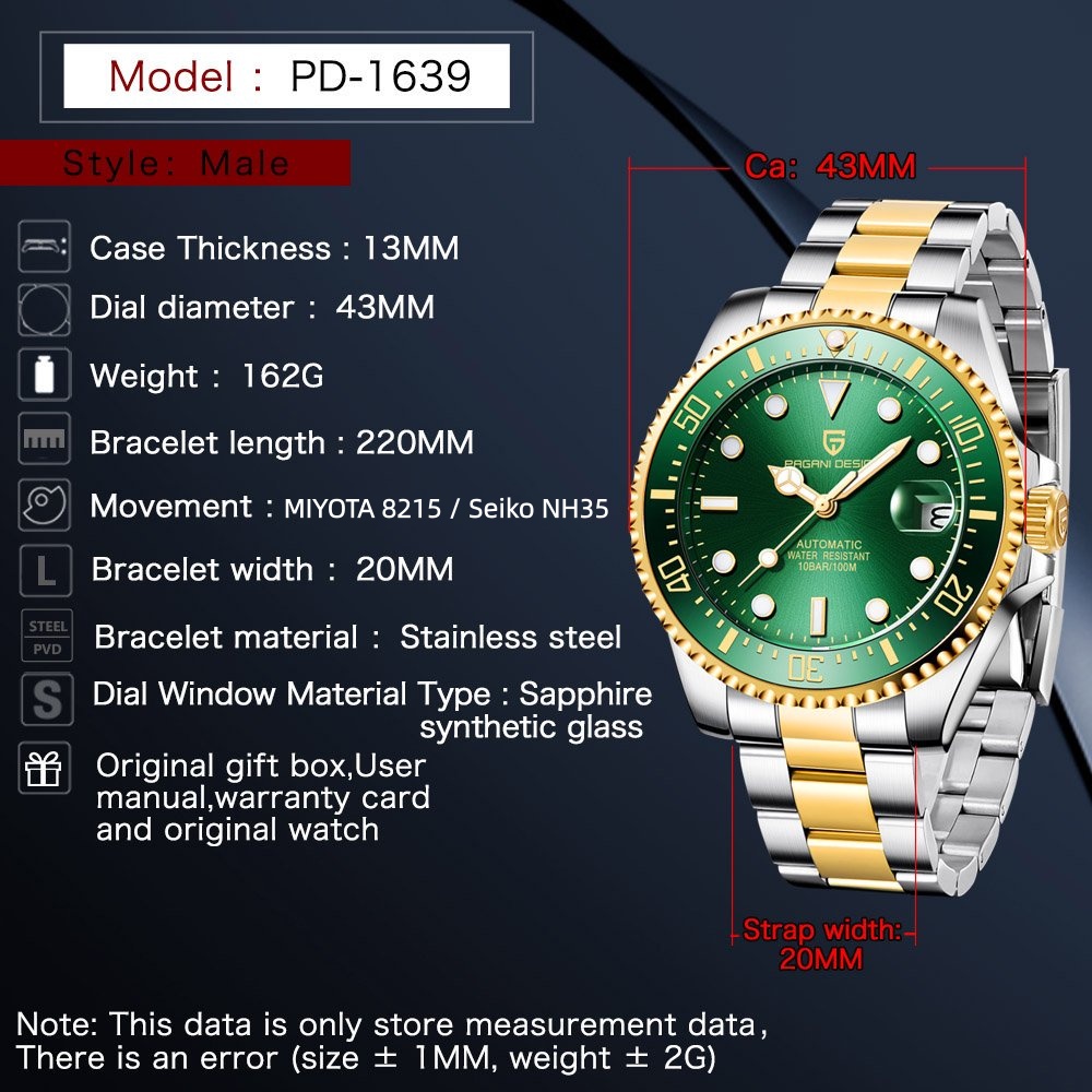 PAGANI Design PD1639 Men Autom - огляд і ціна Rolex Watch Submariner